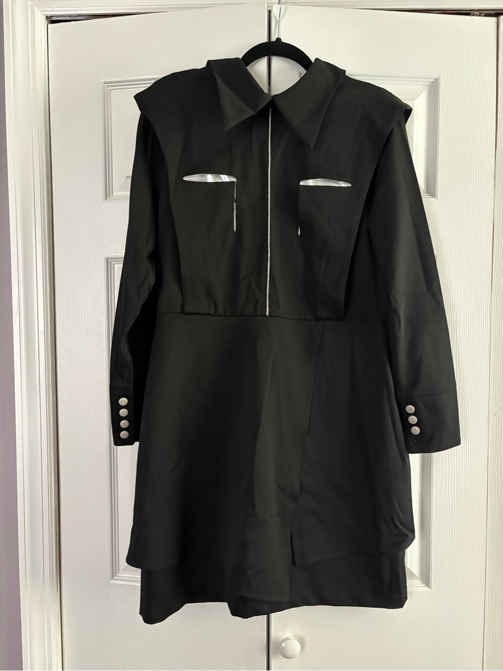 Black Mini Dress with Silver Trim and Pointed Collar